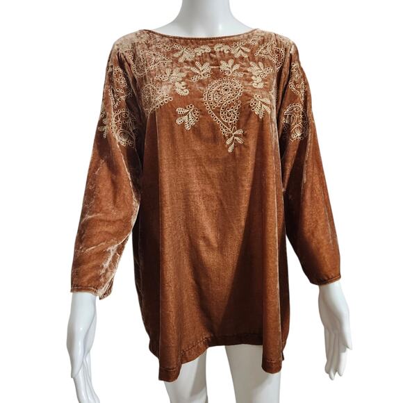 J. Jill Embroidered Velvet Top with Bell Sleeves Brown Bohemian Paisley Scroll L - Picture 1 of 10